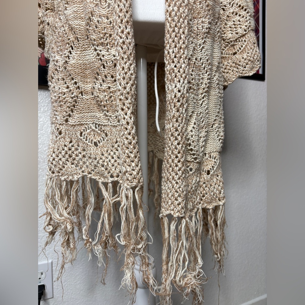 Roxy Cream & Tan Crochet Knit Cardigan with Fringe - Picture 3 of 7